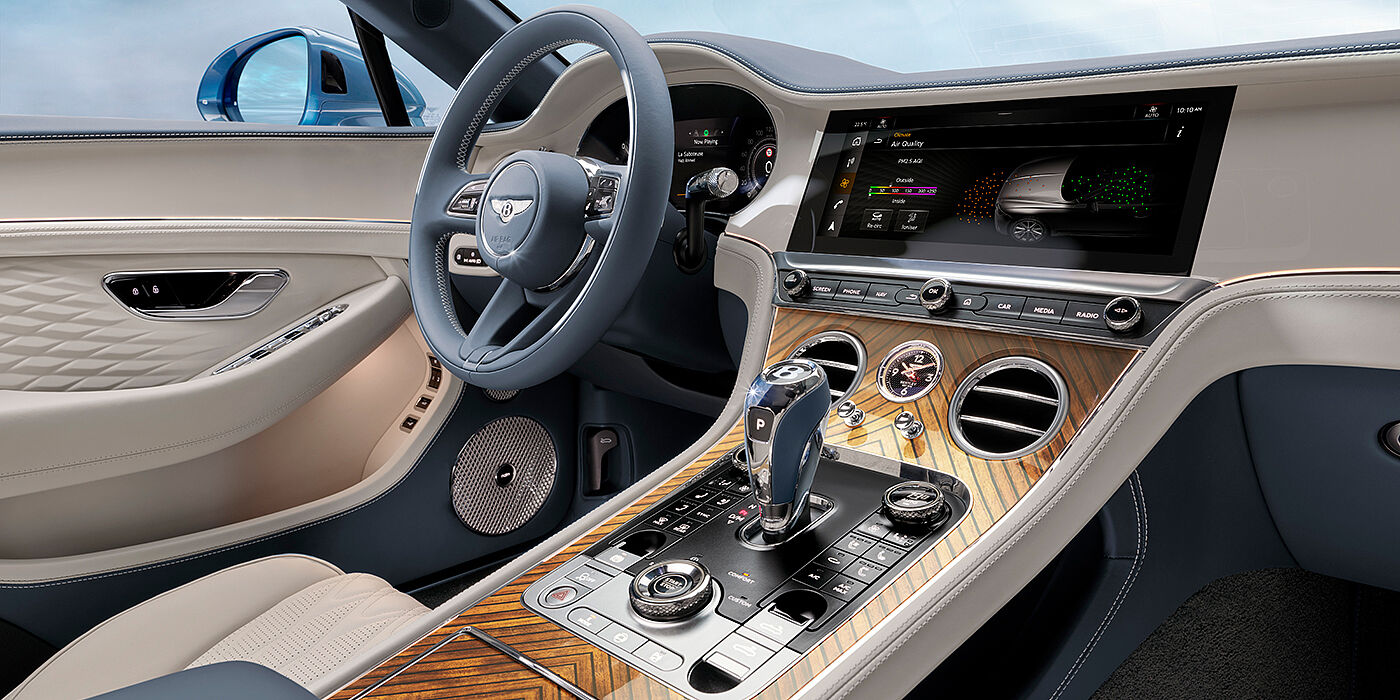 Bentley Edinburgh New Bentley Continental GTC Azure convertible interior front cabin view with Linen and Brunel hides and Piano Linen by Mulliner veneer featuring centre console and centre MMI screen
