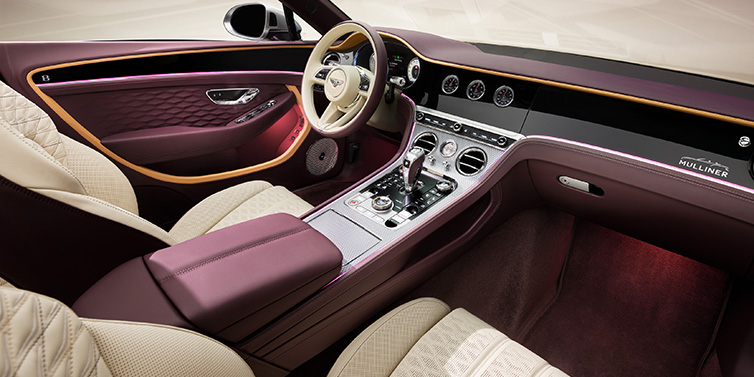 Bentley Edinburgh Bentley Continental GTC Mulliner convertible front interior including Linen and Damson purple hides and Grand Black veneer