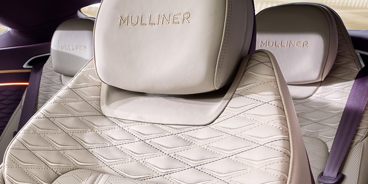 Bentley Edinburgh Bentley Continental GT Mulliner coupe seat detail in Linen leather with Mulliner Diamond in Diamond quilting and Mulliner embroidered seat emblem